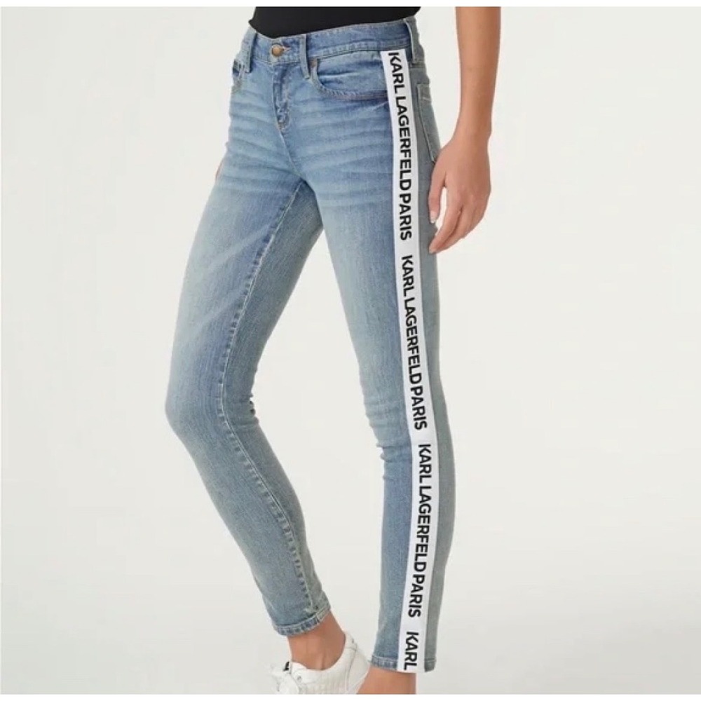 Karl Lagerfeld Paris Logo Tape Skinny Jeans Blue Denim Women Size 2 Side Stripe